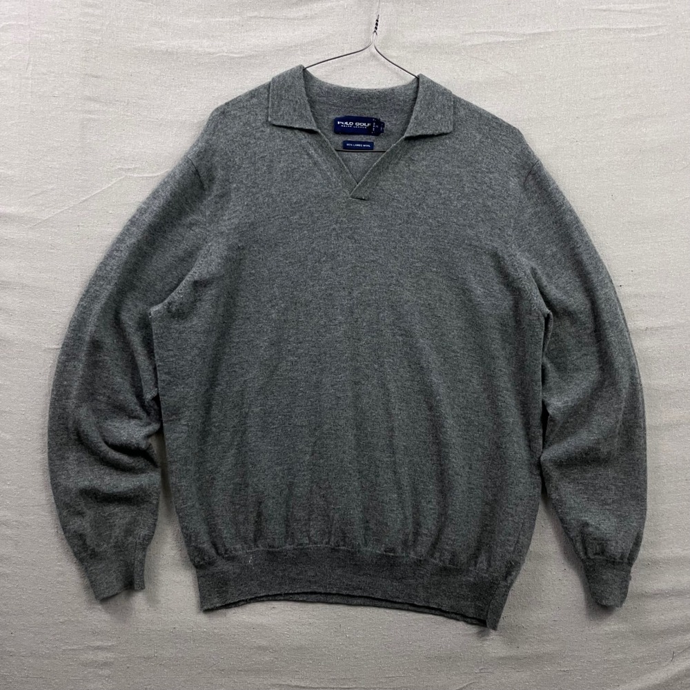 Polo Golf Ralph Lauren Sweater Mens XL Gray‎ Lambswool V-Neck Collared Pullover